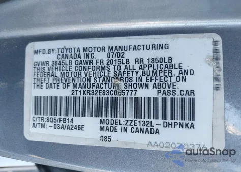 2003 Toyota Matrix Xr from USA, damaged, VIN 2T1KR32E83C065777